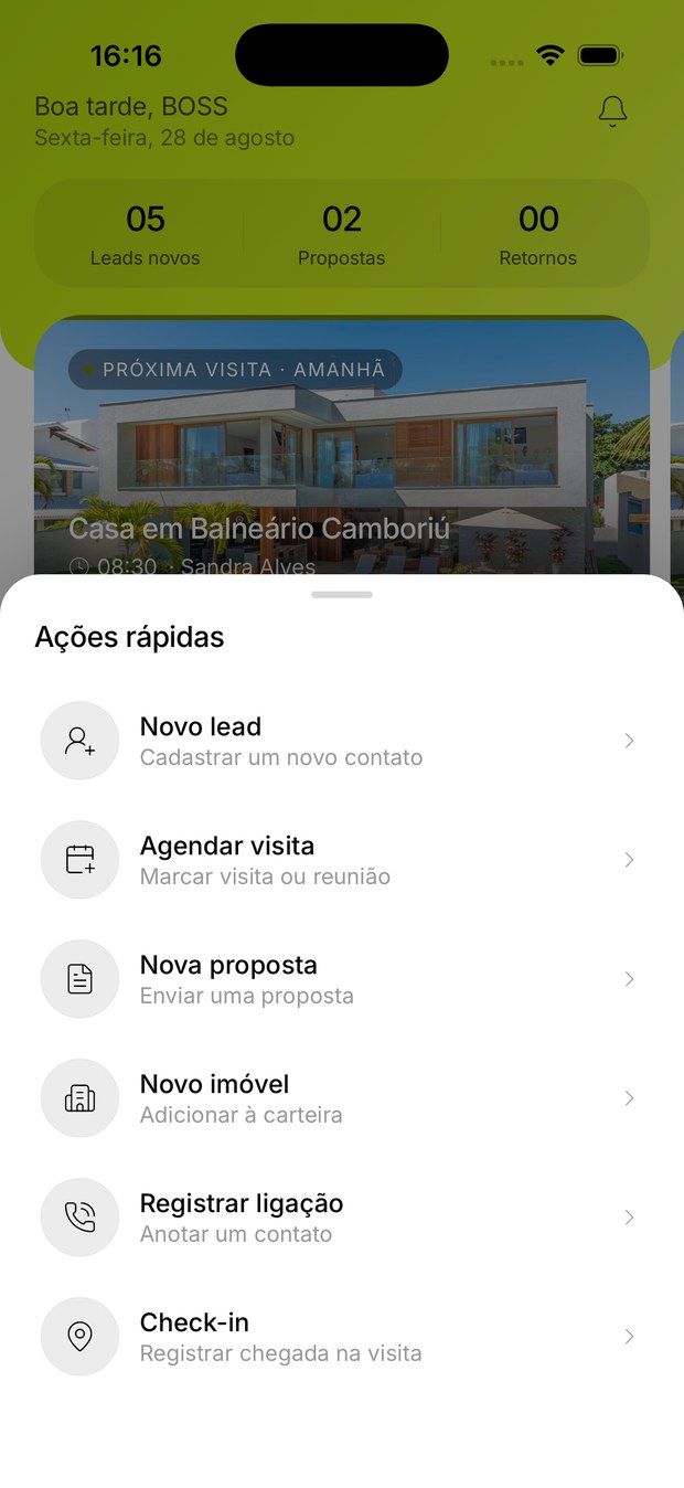 Ações rápidas no aplicativo