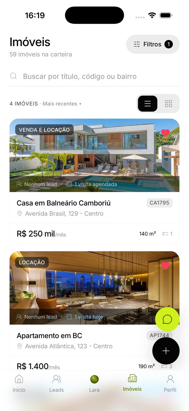 Gestão de imóveis no aplicativo