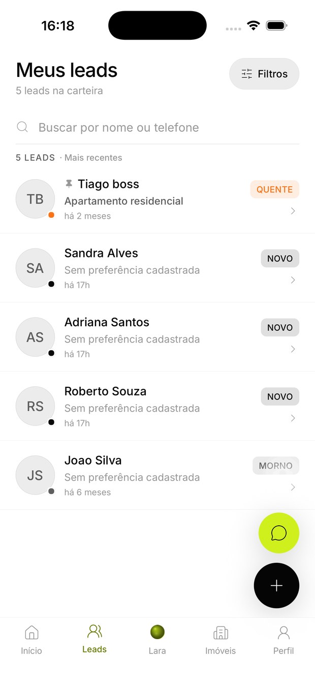 Gestão de leads no aplicativo